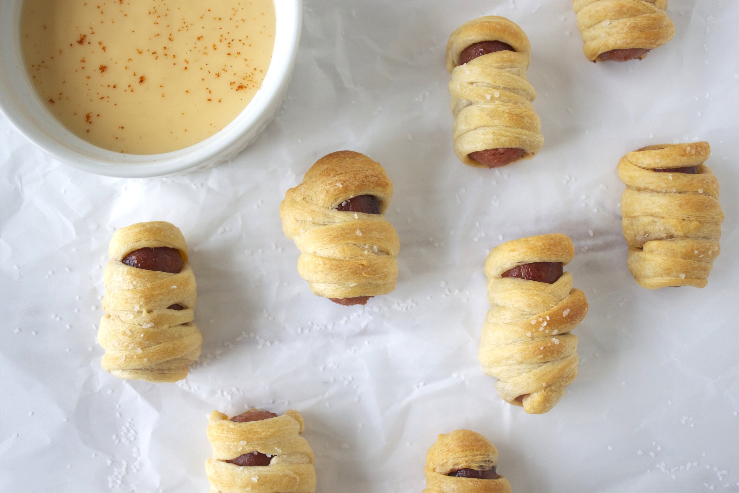 Halloween Mummy Dogs with Cheese Dipping Sauce